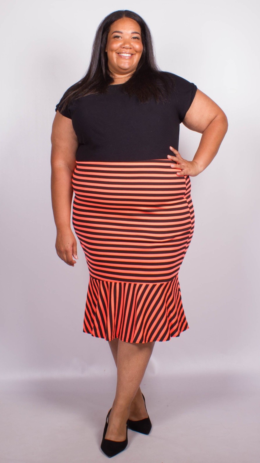 Bottoms Fashion Book  Georgia Orange Stripe Fish Tail Ponte Skirt -  Exploreladywear